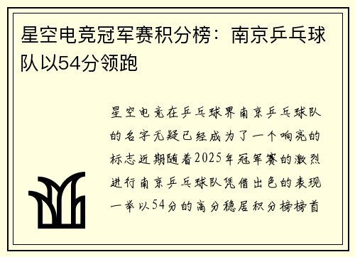 星空电竞冠军赛积分榜：南京乒乓球队以54分领跑