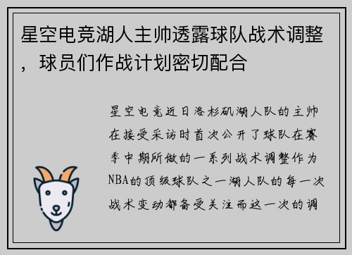星空电竞湖人主帅透露球队战术调整，球员们作战计划密切配合